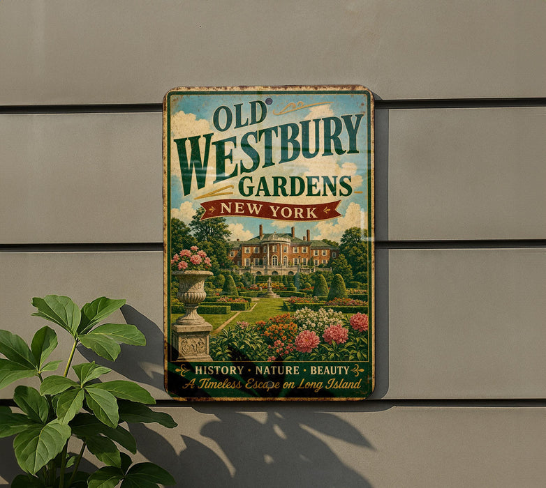 a vintage-style sign for Old Westbury Gardens in New York, with a large illustration of a well-manicured garden and a building in the background.