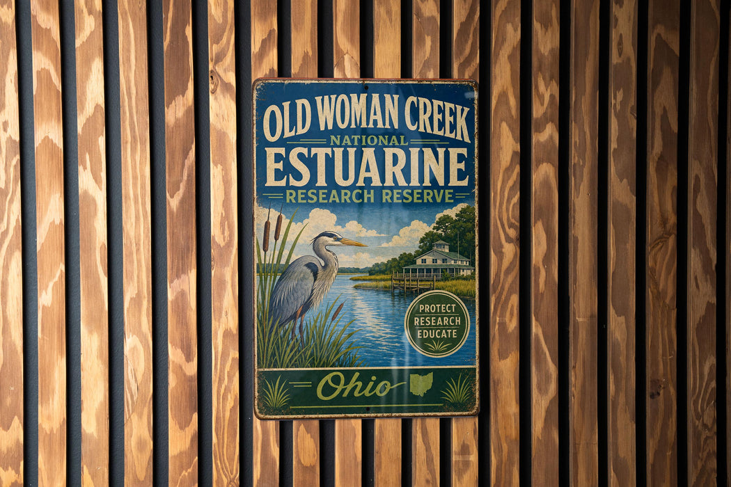 A vintage-style metal sign for the Old Woman Creek National Estuarine Research Reserve in Ohio, featuring a large blue heron and a scenic landscape.