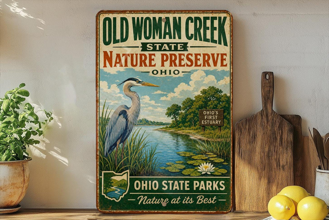 a vintage-style sign for Old Woman Creek State Nature Preserve in Ohio, with a large blue heron in the foreground and a scenic landscape in the background.