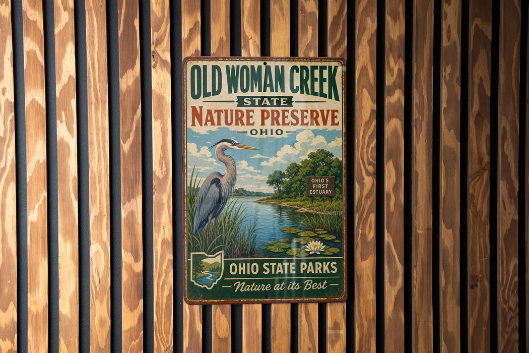 A vintage-style metal sign for Old Woman Creek State Nature Preserve in Ohio, featuring a blue heron and a scenic landscape.