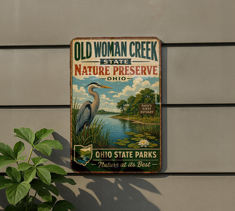 a vintage-style metal sign for Old Woman Creek State Nature Preserve in Ohio, with a scenic illustration of a heron and a pond.