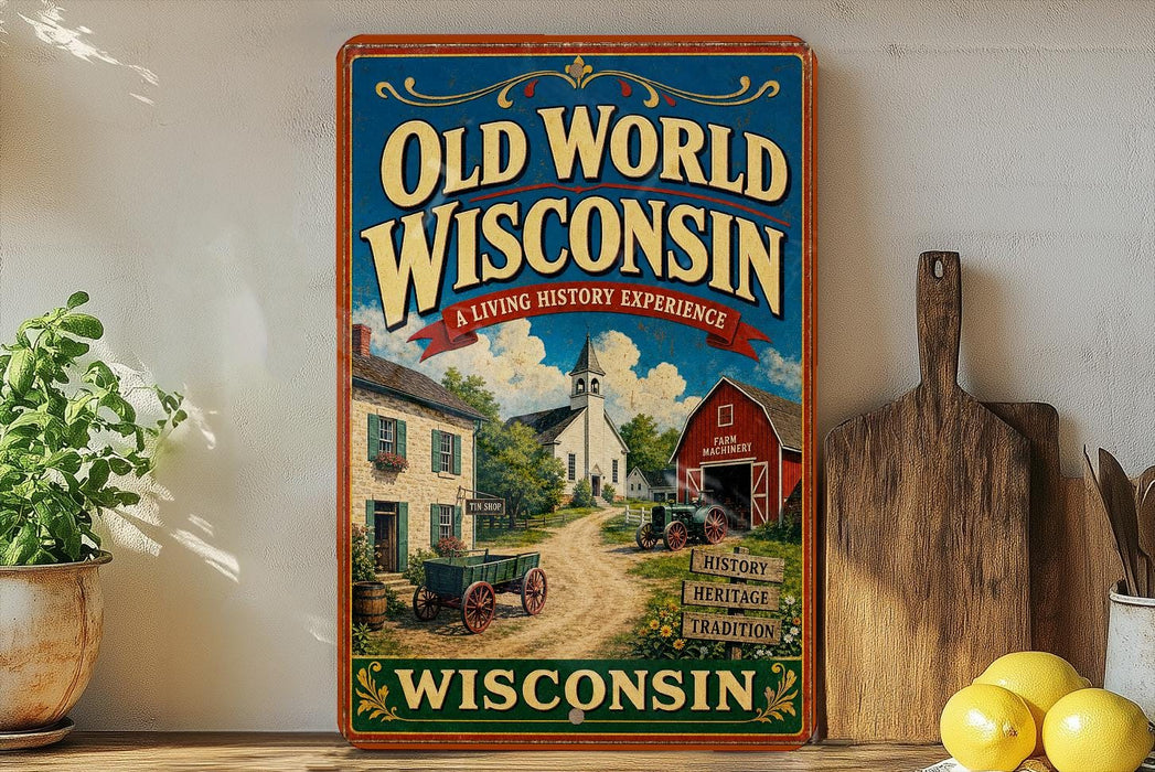 a vintage-style metal sign for "Old World Wisconsin" with a picture of a farm and a barn, placed on a shelf next to a wooden cutting board and some lemons.