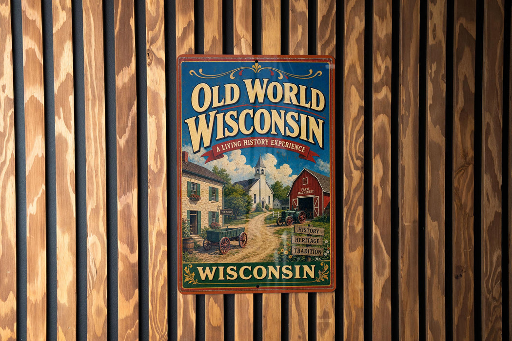 A vintage-style metal sign for "Old World Wisconsin" hanging on a wooden wall.