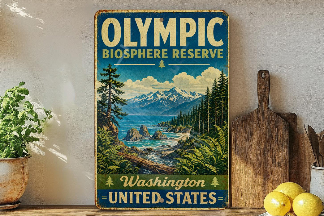 a vintage-style sign for the Olympic Biosphere Reserve in Washington, United States, with a scenic landscape depicting mountains, forests, and a body of water.