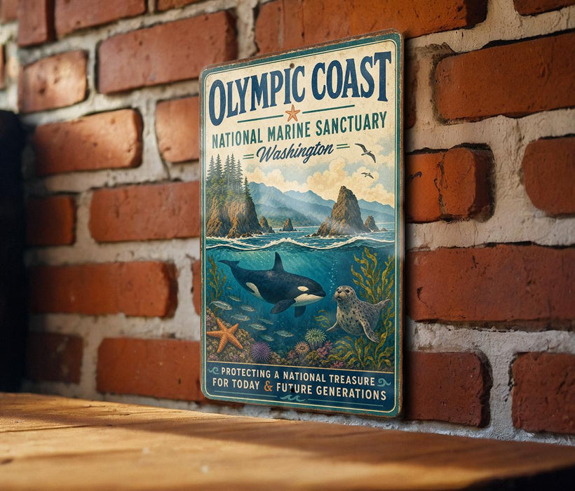 a vintage-style metal sign with a coastal scene, including a whale, seagulls, and a rocky shoreline, mounted on a brick wall.