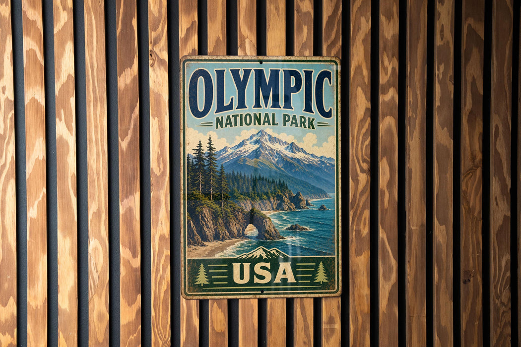 A vintage-style metal sign for Olympic National Park in the USA, featuring a mountain landscape with pine trees and a body of water.