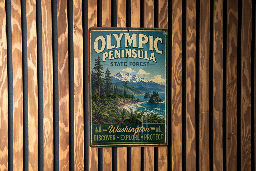 A vintage metal sign for Olympic Peninsula State Forest, featuring a scenic landscape with mountains, pine trees, and a body of water.