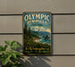 A vintage-style metal sign for Olympic Peninsula State Forest, featuring a scenic landscape with pine trees, mountains, and a body of water.