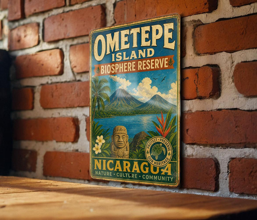 A vintage-style metal sign for Ometepe Island, Biosphere Reserve, and Nicaragua, featuring a tropical landscape with mountains, palm trees, and a seascape.