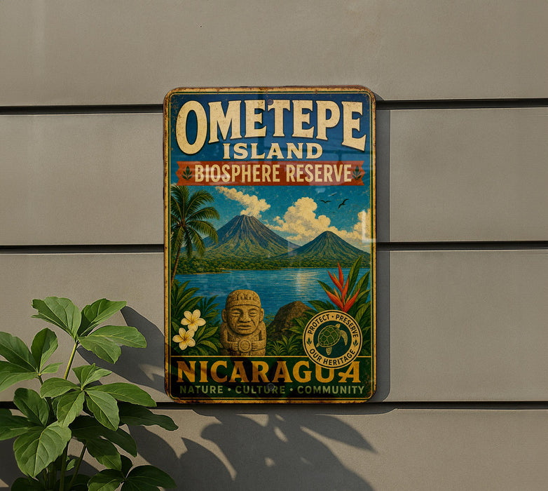 A vintage-style metal sign for Ometepe Island, Biosphere Reserve, and Nicaragua, featuring a tropical landscape with mountains, palm trees, and a statue.