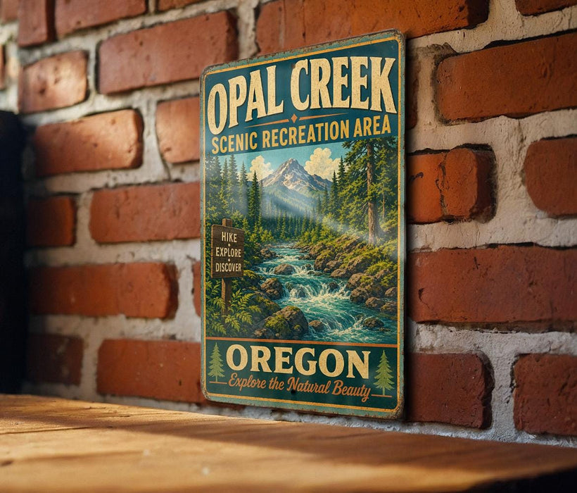 A vintage metal sign for Opal Creek Scenic Recreation Area in Oregon, featuring a scenic mountain landscape with a flowing river.