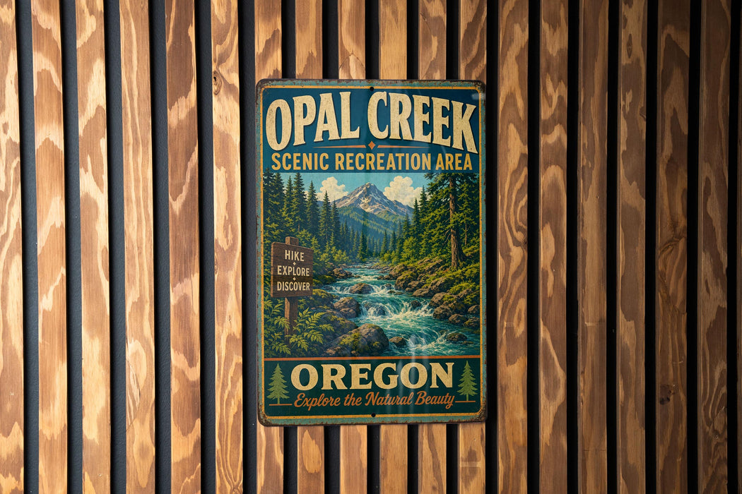A vintage metal sign for Opal Creek Scenic Recreation Area in Oregon, featuring a scenic mountain landscape with a flowing river.