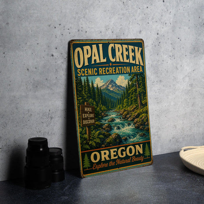 A vintage metal sign for Opal Creek Scenic Recreation Area in Oregon, featuring a scenic mountain landscape with a river flowing through it.