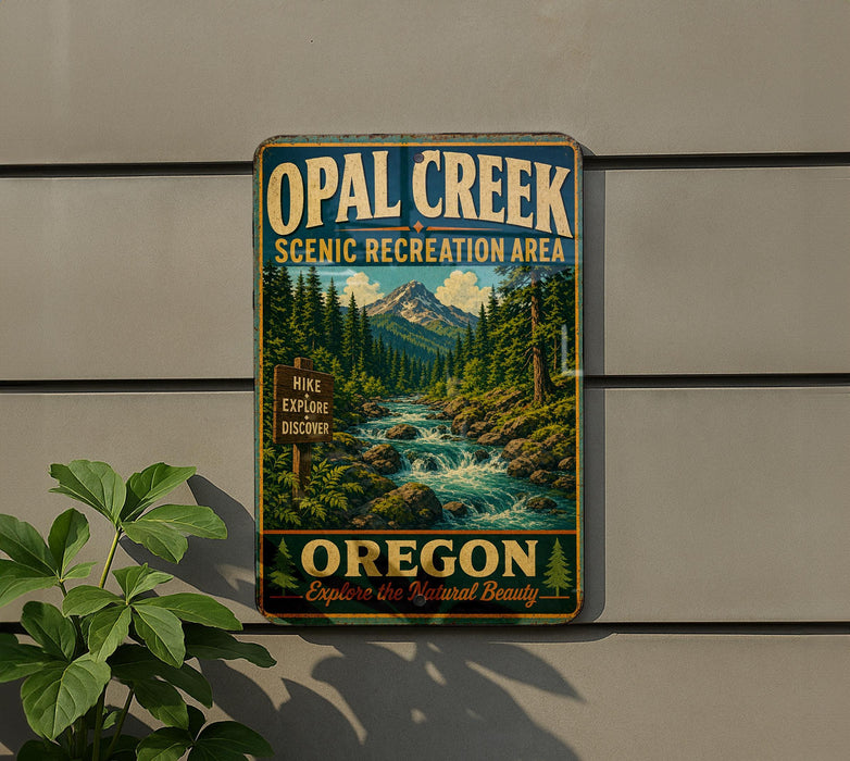 A vintage-style metal sign for Opal Creek Scenic Recreation Area in Oregon, featuring a scenic mountain landscape with a river flowing through it.