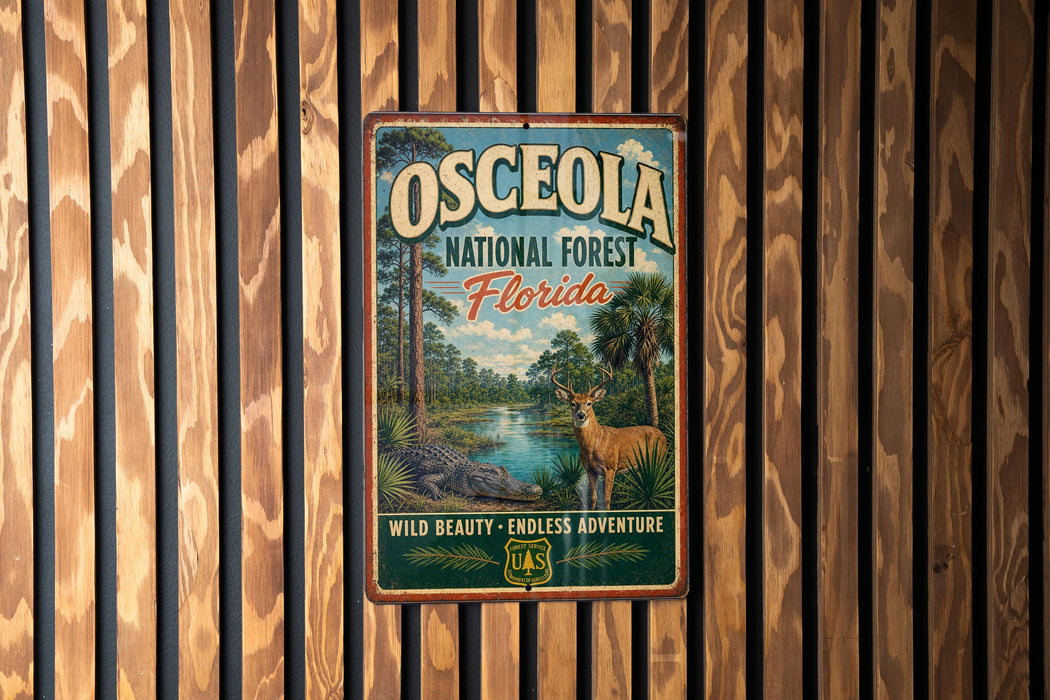 A vintage-style metal sign for the Osceola National Forest in Florida, featuring an illustration of a deer and a bird in a forest setting.