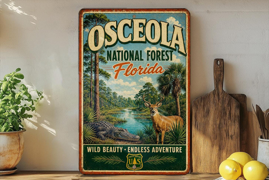 A vintage-style metal sign for the Osceola National Forest in Florida, featuring an illustration of a deer, all set against a lush, tropical forest backdrop.