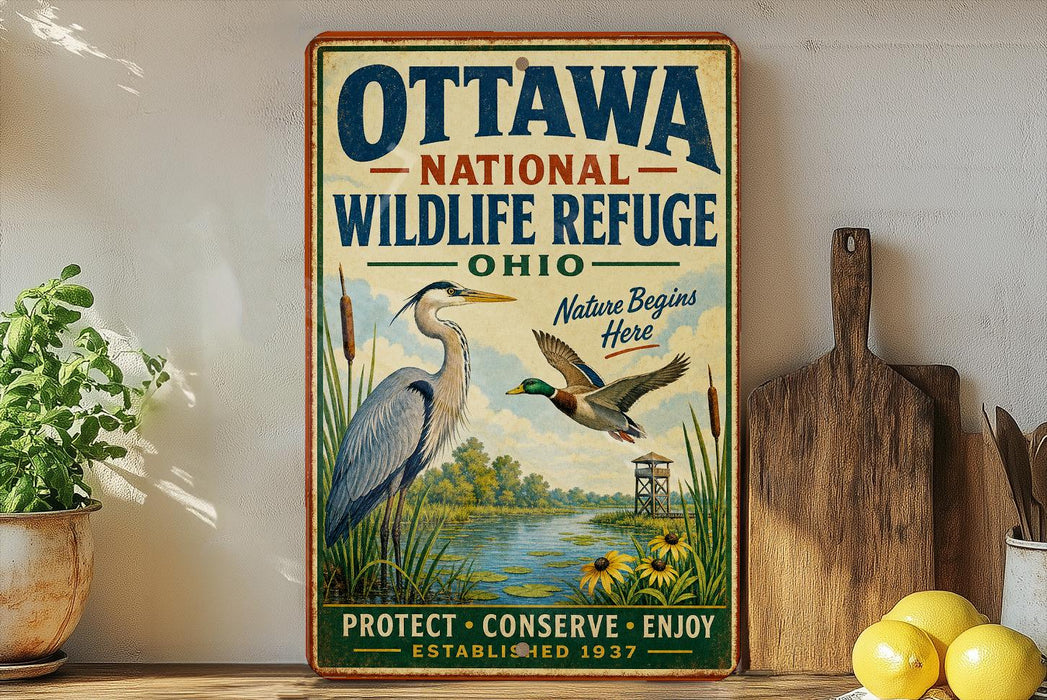 A vintage-style metal sign for the Ottawa National Wildlife Refuge in Ohio, featuring illustrations of birds and a scenic landscape.