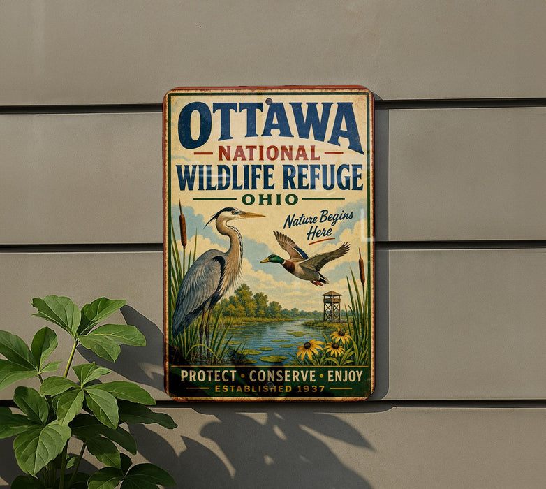 A vintage-style metal sign for the Ottawa National Wildlife Refuge in Ohio, featuring illustrations of birds and a scenic landscape.
