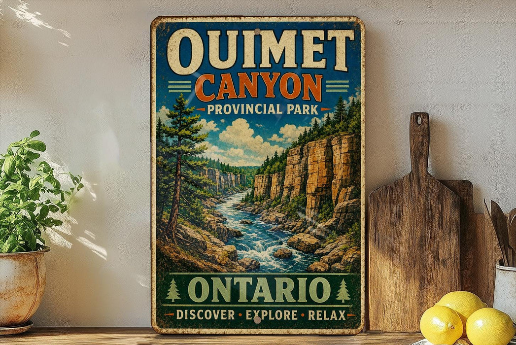 a vintage-style sign for Ontario, Canada, advertising the Quetet Canyon, a picturesque natural landmark.