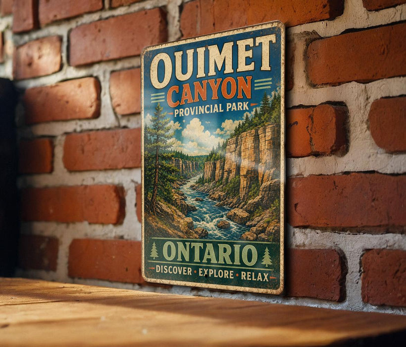 A vintage-style sign for Ontario, Canada, displaying the name "Oumet Canyon" and the words " Ontario" and "DISCOVER | EXPLORE | RELAX" in a rustic, vintage-inspired design.