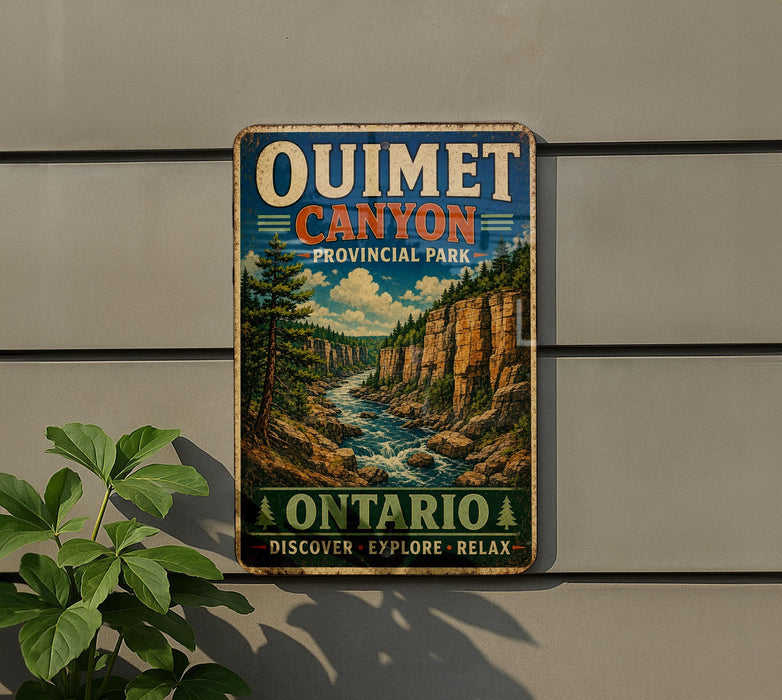 A vintage-style sign for Ontario, Canada, advertising the Quimet Canyon Provincial Park.