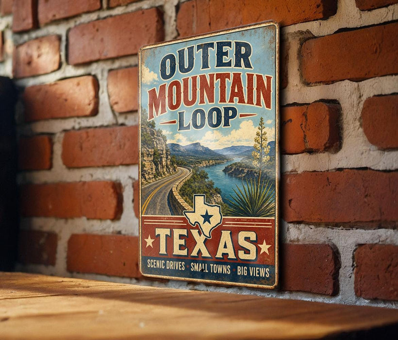 A vintage-style metal sign with the text "Outer Mountain Loop" and "Texas" is displayed on a brick wall.