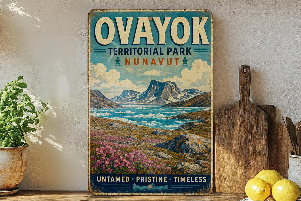 a vintage-style poster of Oavoyok Territorial Park, Nunavut, with a scenic mountain landscape and a lake in the background.