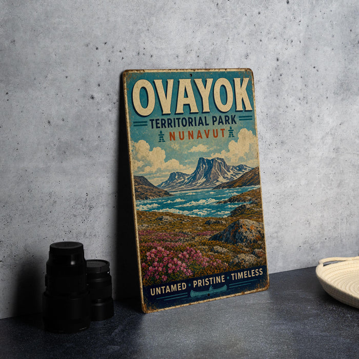 a vintage-style sign for "Ovayok Territorial Park" with a scenic landscape of mountains, water, and flowers.
