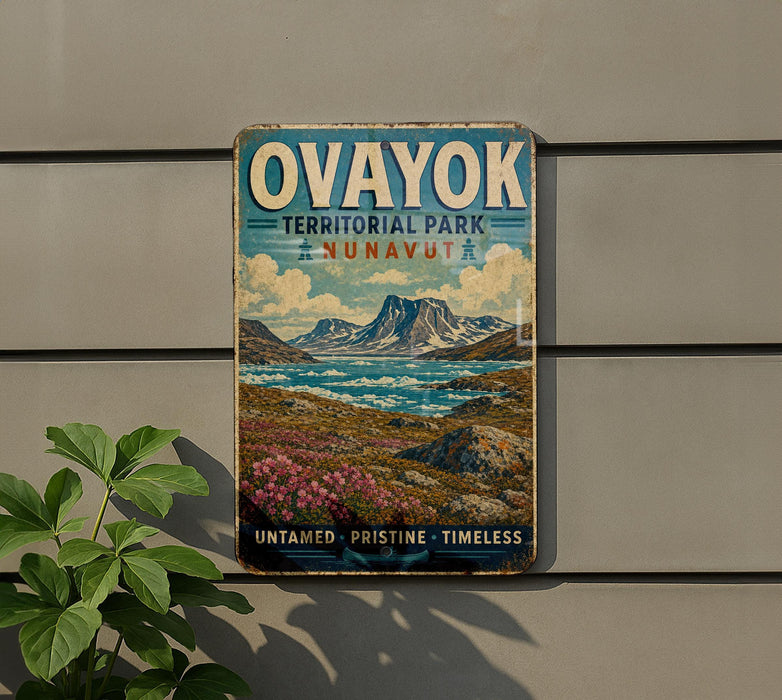 a vintage-style sign for Ovanok Territorial Park, which is located in Nunavut, Canada. The sign is mounted on a wall and depicts a scenic landscape with mountains, a lake, and a field of flowers.