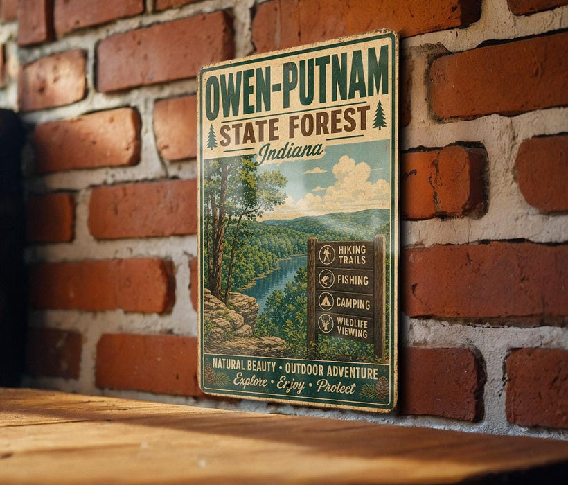A vintage-style metal sign for Owen-Putnam State Forest in Indiana, featuring a scenic illustration of the forest and outdoor activities.