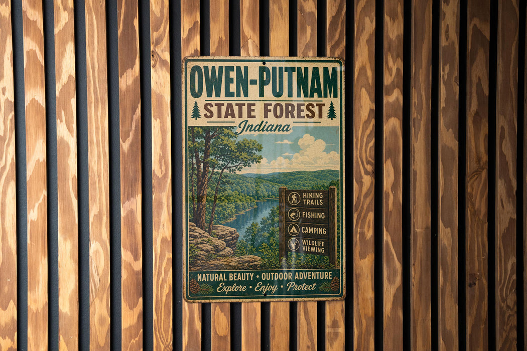 A vintage metal sign for Owen-Putnam State Forest in Indiana, featuring a scenic illustration of the forest and a list of outdoor activities.