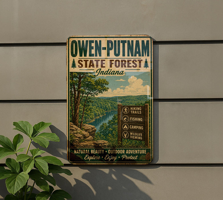 A vintage-style metal sign for Owen-Putnam State Forest in Indiana, featuring a scenic image of a forest landscape with a river and hiking trails.