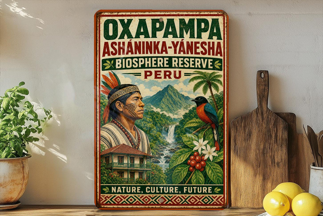 a vintage-style poster advertising the Oxapampa Asháninka-Yanesha Biosphere Reserve in Peru. The poster includes a man in traditional Peruvian attire, a tropical landscape with a waterfall, and a bird perched on a branch. The poster also includes the text "Oxapampa Asháninka-Yanesha Biosphere Reserve Peru" and "NATURE, CULTURE, FUTURE".
