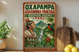 a vintage-style poster advertising the Oxapampa Asháninka-Yanesha Biosphere Reserve in Peru. The poster includes a man in traditional Peruvian attire, a tropical landscape with a waterfall, and a bird perched on a branch. The poster also includes the text "Oxapampa Asháninka-Yanesha Biosphere Reserve Peru" and "NATURE, CULTURE, FUTURE".