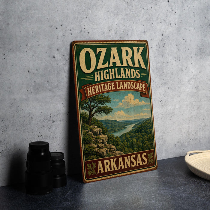 A vintage-style sign for the Ozark Highlands Heritage Landscape in Arkansas, featuring a scenic landscape with a river and mountains.