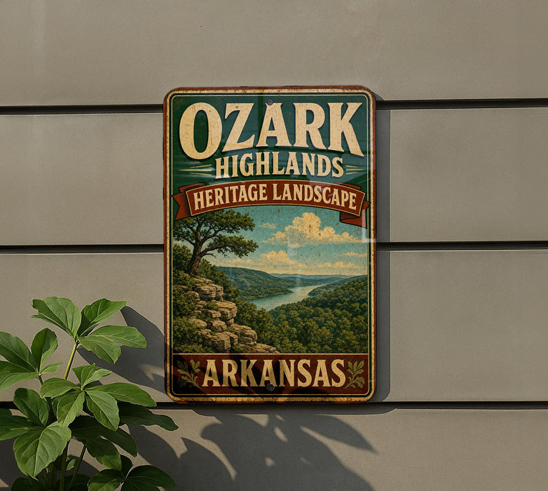 A vintage-style sign for the Ozark Highlands Heritage Landscape in Arkansas, featuring a scenic landscape with a river and mountains.