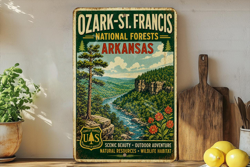 A vintage-style metal sign for Ozark-St. Francis National Forests in Arkansas, featuring a scenic landscape with a river, pine trees, and mountains.