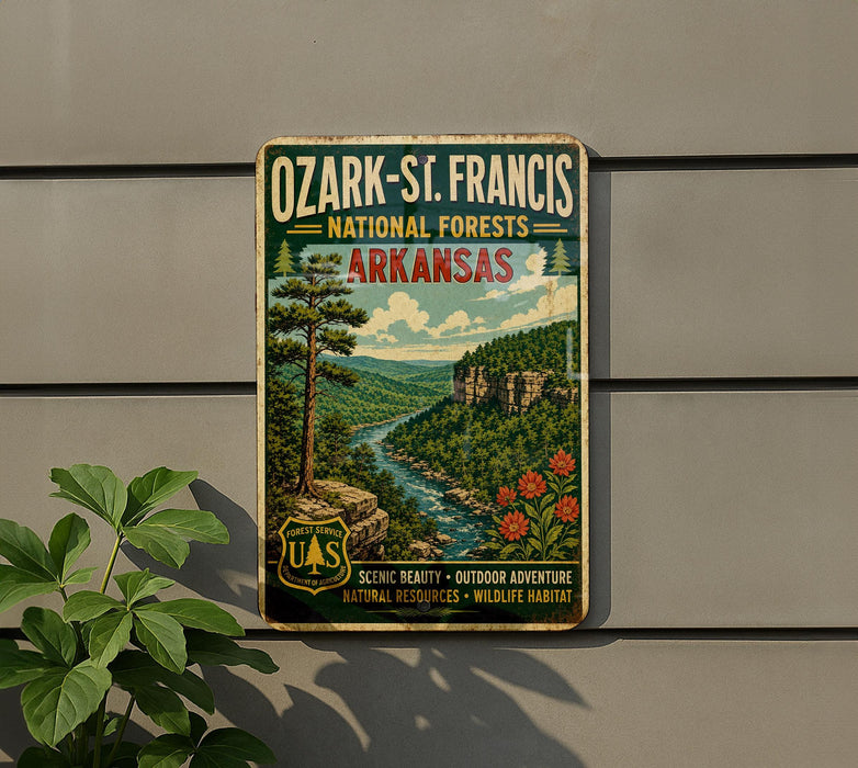 A vintage-style metal sign for Ozark-St. Francis National Forests in Arkansas, featuring a scenic landscape with a river, mountains, and pine trees.