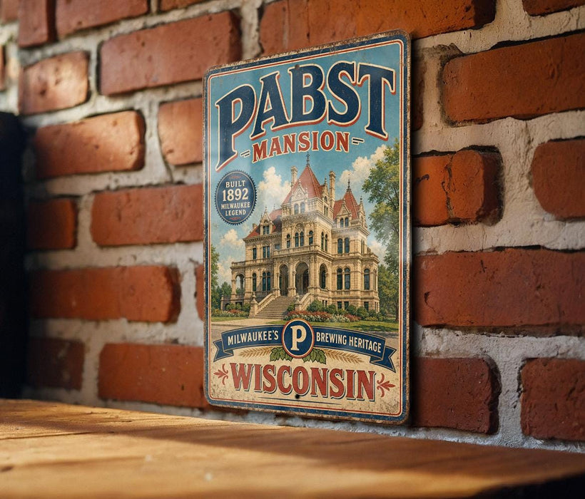 A vintage-style metal sign for Pabst mansion, a Milwaukee's Brewing Heritage, is displayed on a brick wall.