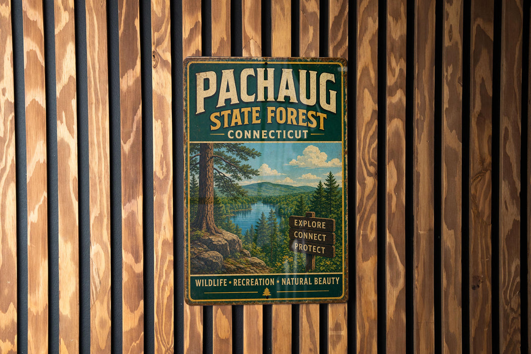 A vintage-style metal sign for the Pachaug State Forest in Connecticut, featuring a scenic image of a forest and a lake.