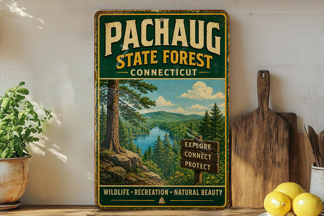 A vintage-style metal sign for the Pachaug State Forest in Connecticut, featuring a scenic landscape with a river and pine trees.