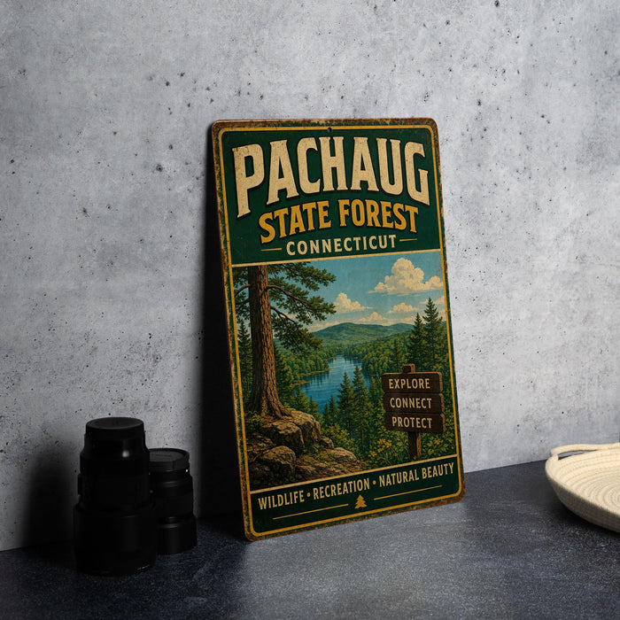 A vintage metal sign for the Pachaug State Forest in Connecticut, featuring a scenic illustration of a forest and a lake.
