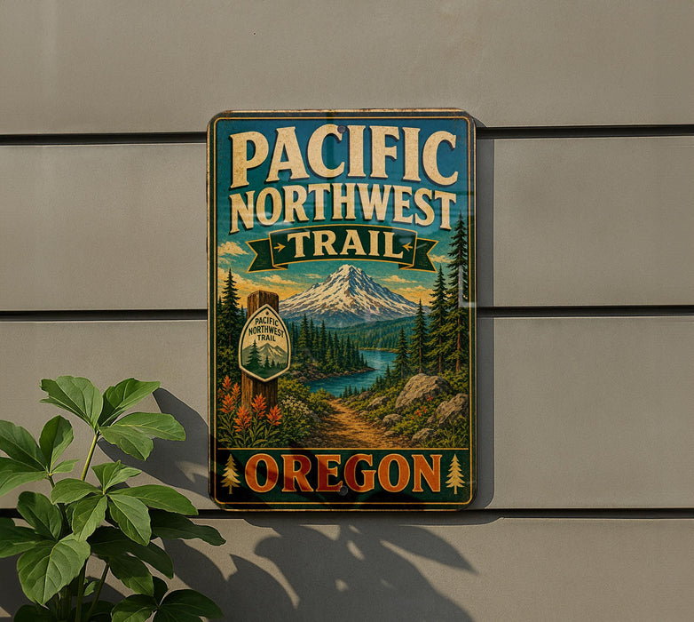 A metal sign with a scenic mountain landscape and the text "PACIFIC NORTHWEST TRAIL OREGON" is displayed on a wall.