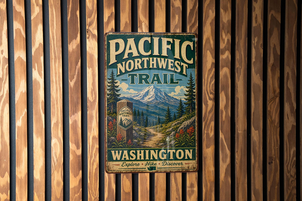 A vintage metal sign for the Pacific Northwest Trail in Washington, featuring a mountain landscape and the trail name.