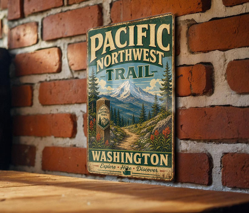 A vintage metal sign for the Pacific Northwest Trail in Washington, featuring a mountain landscape and a trail marker.