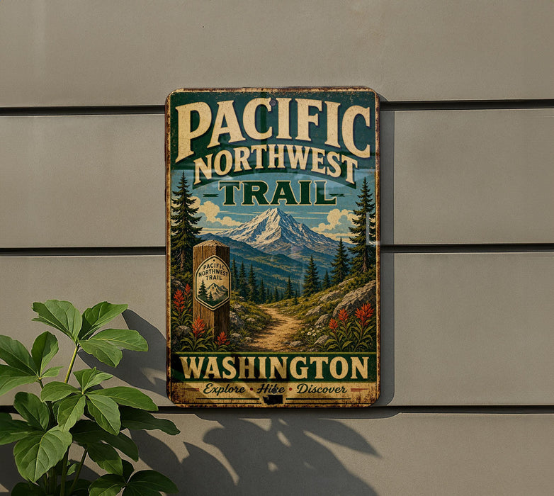 A vintage-style sign for the Pacific Northwest Trail in Washington, featuring a mountain landscape and a trail marker.