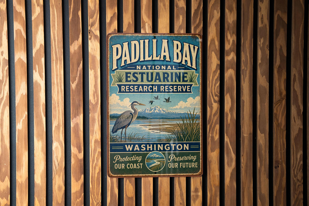 A vintage metal sign for Padilla Bay National Estuarine Research Reserve, featuring a blue background with a white bird and text promoting the reserve's mission to protect and preserve the Washington coast.