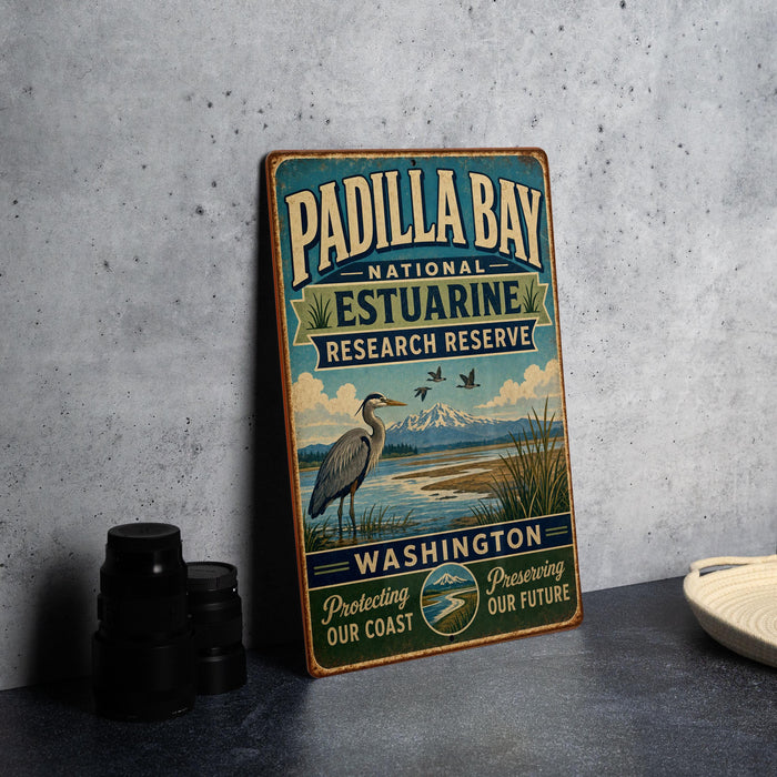 A vintage-style metal sign for Padilla Bay National Estuarine Research Reserve, featuring a bird and a scenic landscape.