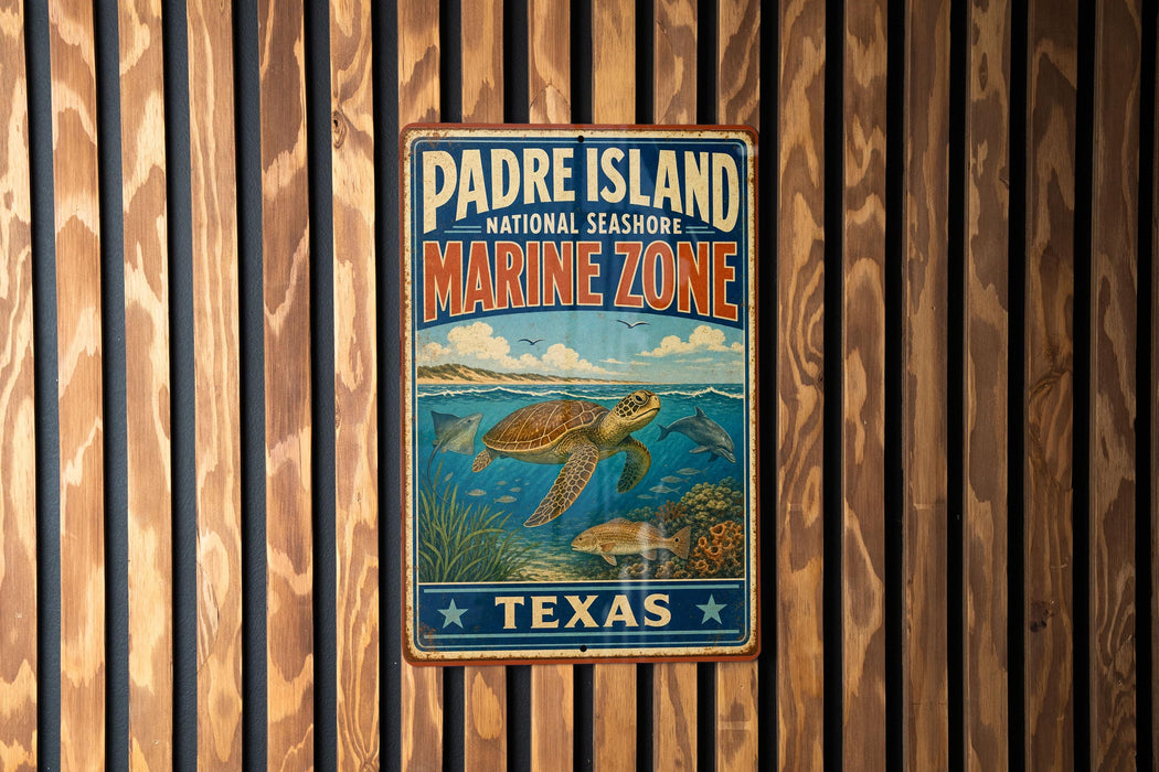 A vintage metal sign for Padre Island National Seashore's Marine Zone, featuring an illustration of marine life and the text "Padre Island National Seashore Marine Zone" and "Texas".