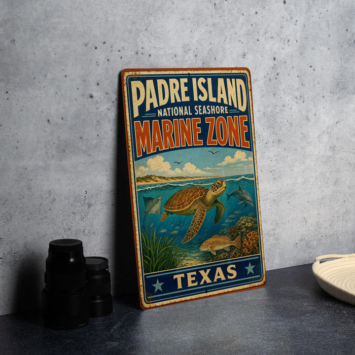 A vintage-style metal sign for Padre Island National Seashore Marine Zone, featuring an illustration of marine life and the text "Padre Island National Seashore Marine Zone" in a decorative font.